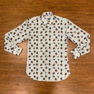 Rare Coton Doux Blue Turtle Print Slim Fit‎ Button Up Casual Shirt Men L (41/16)